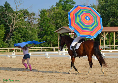 Riding with a colorful parasol.